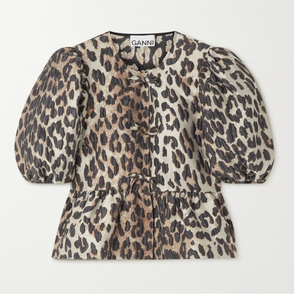 Ganni Leopard Jacquard Peplum Top